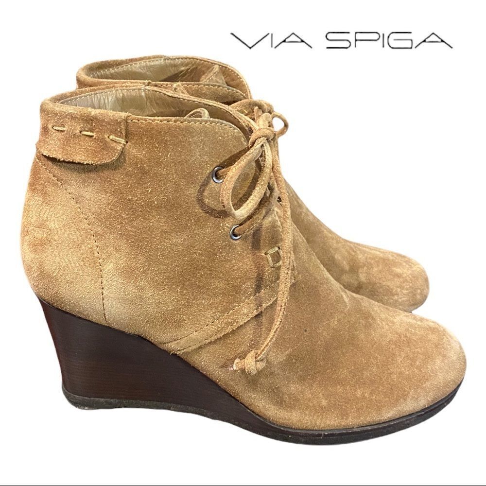Via Spiga Women's Tan Suede Leather Wedge Ankle Boots Booties 5.5